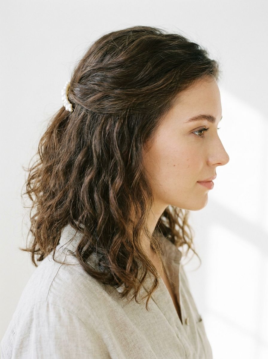 Halboffene Locken mit Perlenclip - Abschlussball Frisuren mittellang
